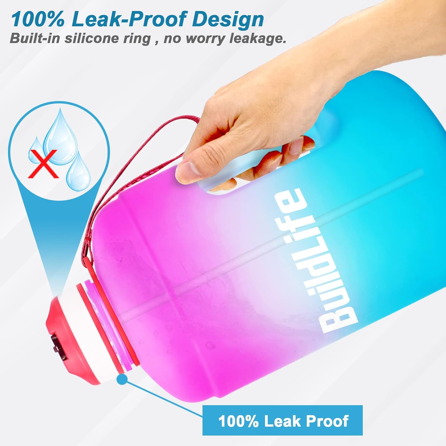BuildLife 1 Gallon Water Bottle with Time Marker and Straw Large Water Bottle- Motivational Water Bottles with Times to Drink, Leak Proof BPA Free Gallon Water Jug for Sports,Gym Pink/Blue Gradient 1 gal