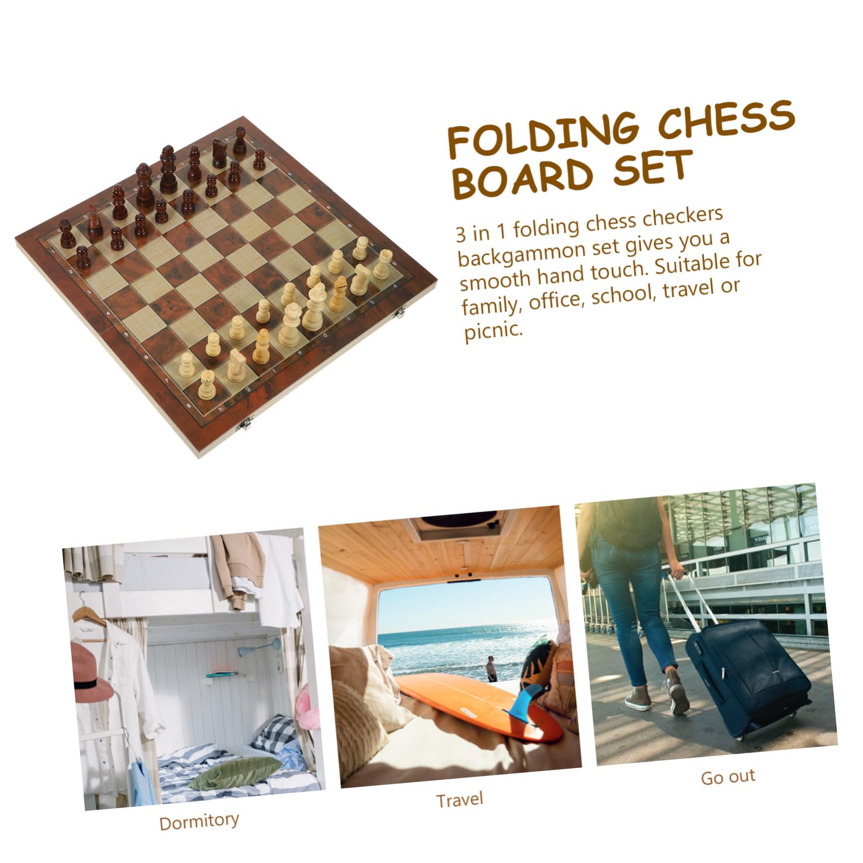 Scacchiera Pieghevole in Legno, Set 1 Pezzo, Gioco di Scacchi | Multifunzione 3 in 1, Finitura Liscia al Tatto, Formato Portatile per Ufficio e Scuola