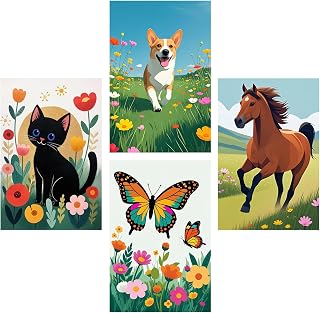 4 Pack Animals Paint by Numbers Kit for Adults Beginner,Include Black Cat Dog Butterfly Horse Easy Small Paint by Number on Canvas Watercolor Simple Paint by Numbers for Home Decor 8"X12"