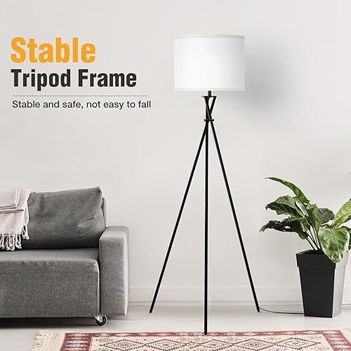 Miniatura 3 de Lámpara de pie para sala de estar, 61 pulgadas, moderna lámpara de pie trípode con pantalla blanca e interruptor giratorio, lámpara de pie negra