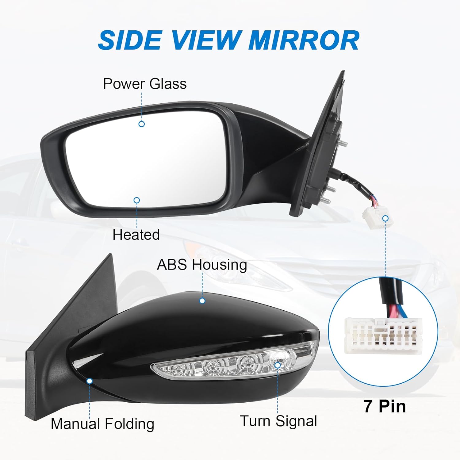 JDMSPEED Left Driver Side View Mirror Black Compatible with 2011-2014 Hyundai Sonata Heated Manual Folding Power Glass Turn Signal Replace#HY1321168 87620-3Q110 (7 Pins)
