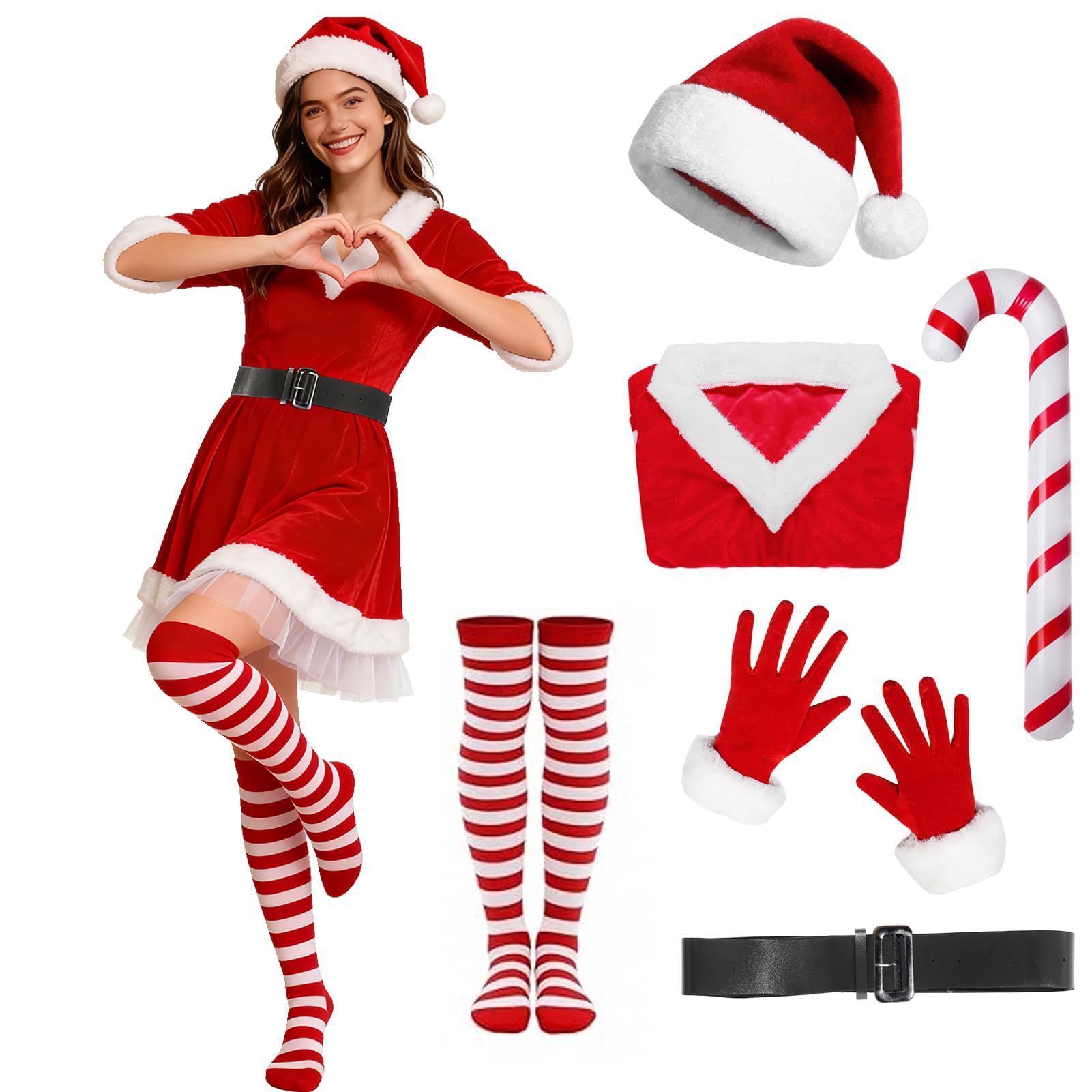 GEMAKA Women's Christmas Dress Mrs. Santa Claus Costume Cosplay 6Pcs Mrs Claus Suit Xmas Outfit Hat Dress Gloves Stockings (Large)