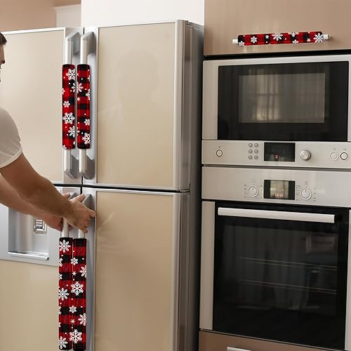 Miniatura 4 de Boao 6 fundas navideñas para manija de puerta, fundas gruesas a cuadros para electrodomésticos de cocina, protector de mango para decoraciones de
