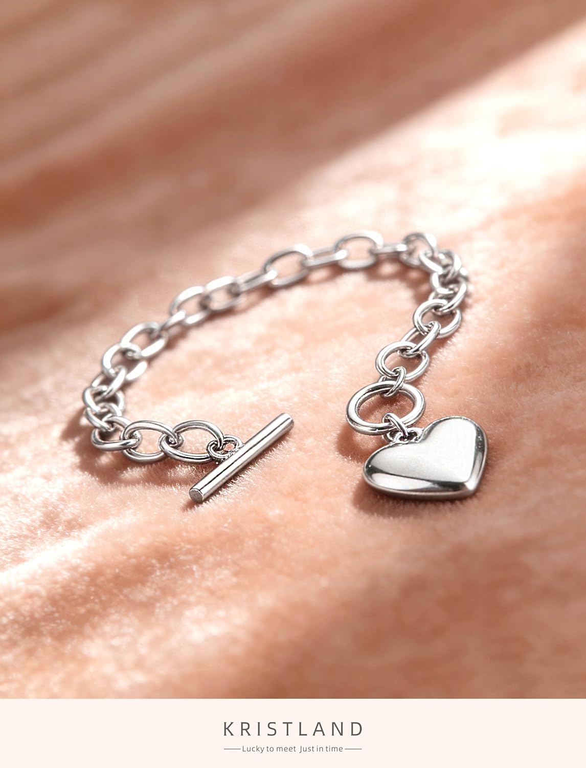 Silver Heart Toggle Bracelet Silver Plated Love Link Bracelet for Women Birthday Gift Lightweight 7.6" Long Hand Chain - Image 5