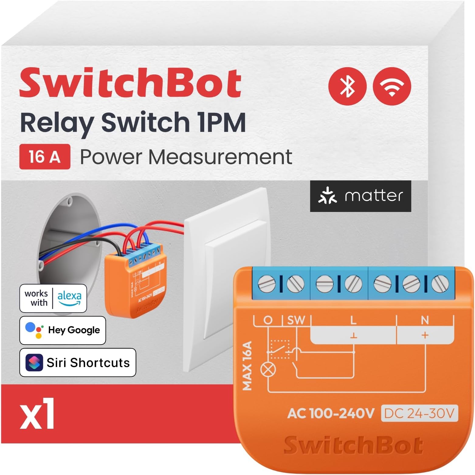 Smart Relay Switch 1PM, Power Monitoring Smart Relay Module with Built-in Bluetooth Repeater, Wi-Fi&Bluetooth Switch Works with Alexa/Apple Home/Google Home/Matter Hub Required, 2.4GHz,16A
