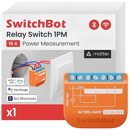 SwitchBot Smart Relay Switch 1PM, Intelligente con Ripetitore Bluetooth Integrato, Interruptore Wi-Fi & Bluetooth Compatibile con Alexa/Apple HomeKit/Google Home/Matter(Hub Necessario), 2.4GHz, 16A