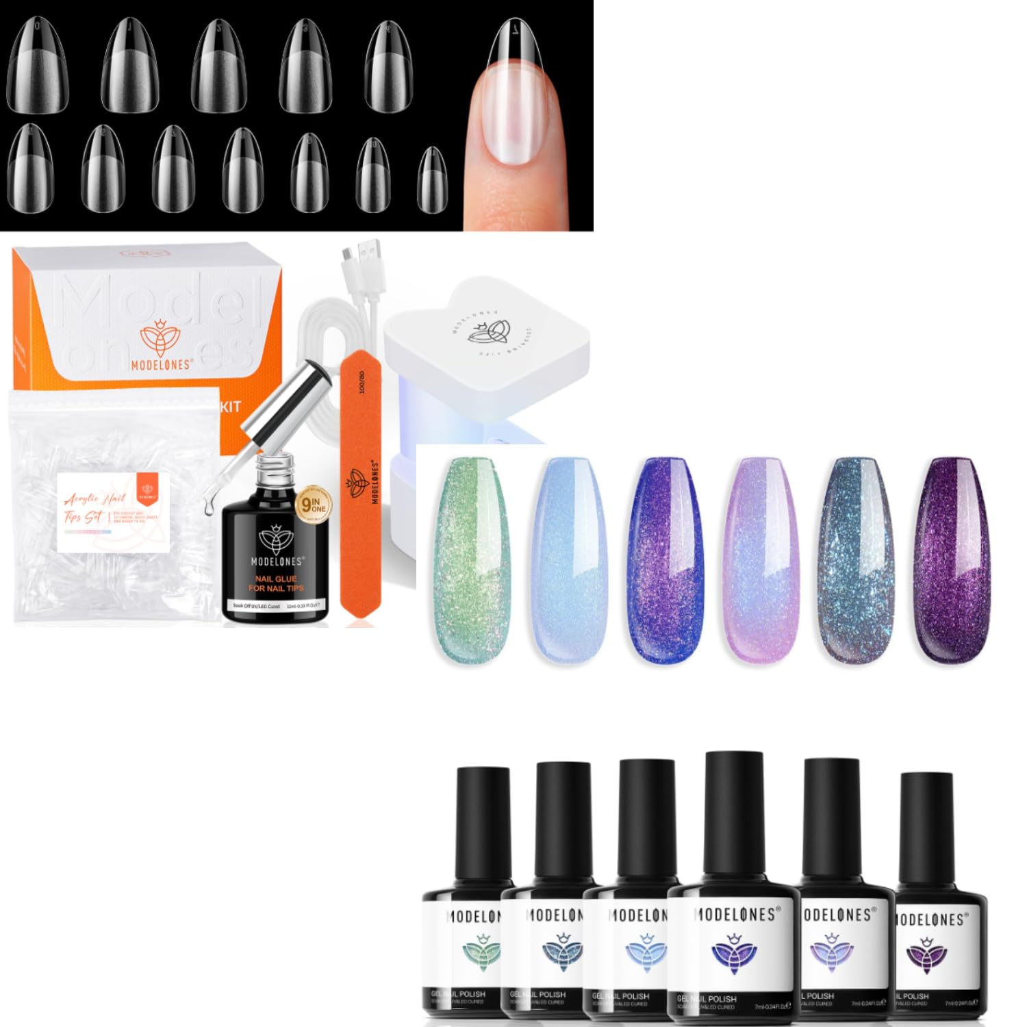 modelones Gel Nail Kit Short Almond Gel Nail Tips, 9-in-One Nail Glue with Portable U V Nail Lamp, 216Pcs 12Sizes & 6 Colors Aurora Shimmer Glitter Gel Polish Kit