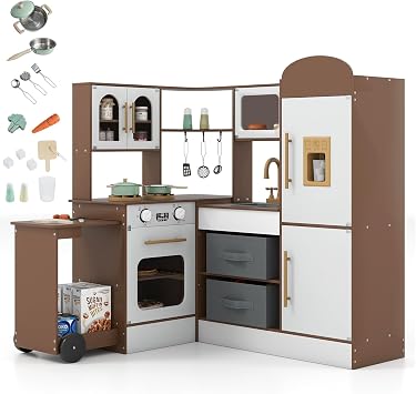 Costzon Corner Play Kitchen, Little Chef Pretend Play Kitchen w/Real Light & Sound, Pull-Out Cart, Fabric Bins, Stoves, Ice Maker, Microwave, Oven, Wooden Kitchen Playset for Kids Ages 3+ Coffee