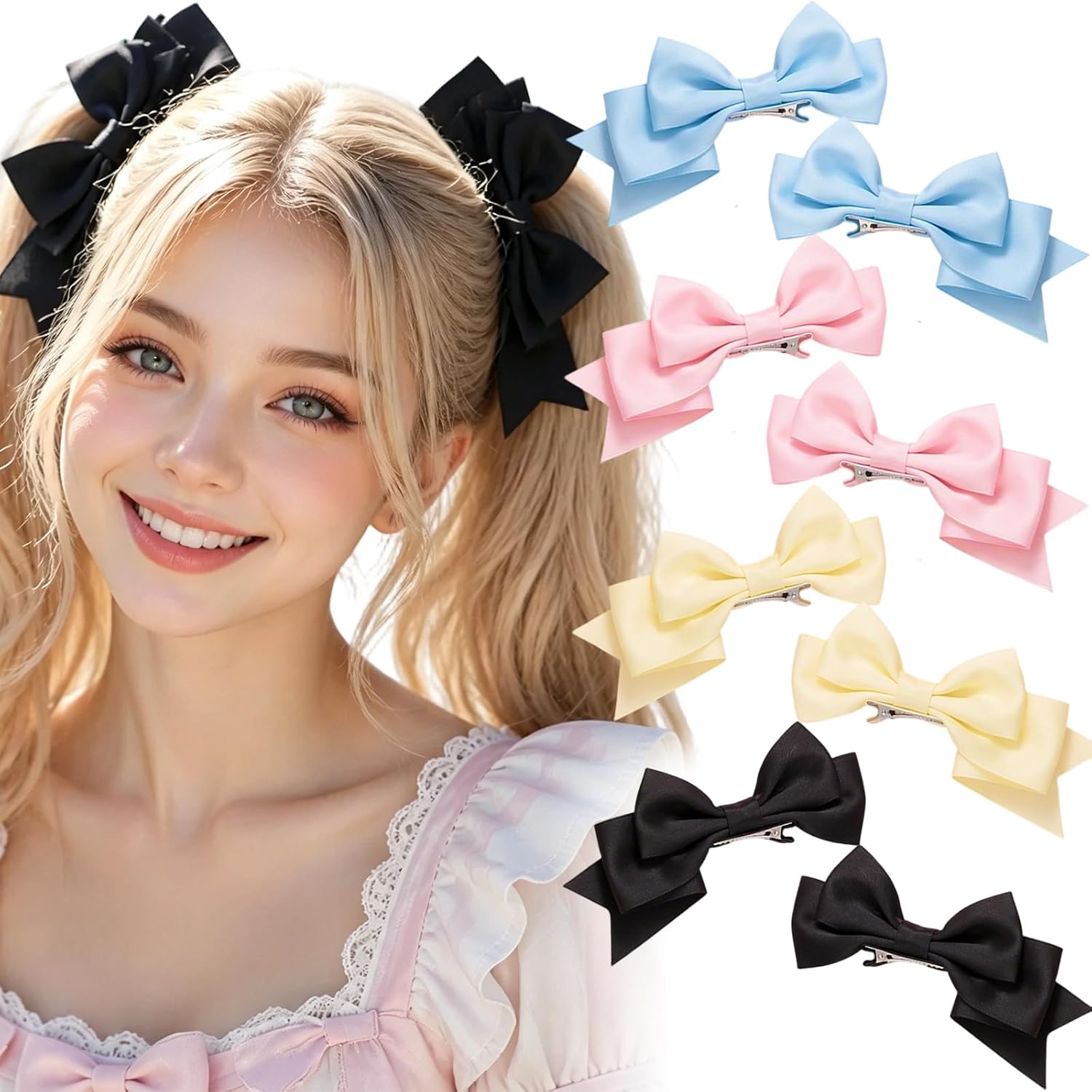 8Pcs Lolita Bow Hair Clips Ribbon Barrettes for Girls