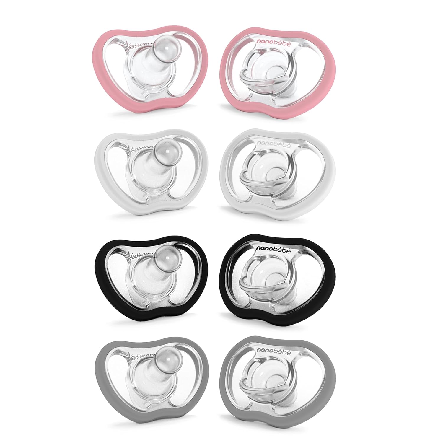 Nanobebe Active Baby Pacifiers 4-36 Months - Orthodontic, Lightweight and Vented, Curves Comfortably with Face Contour, 100% Silicone - BPA Free, Perfect Baby Registry Gift 8pk, White/Pink/Black/Grey