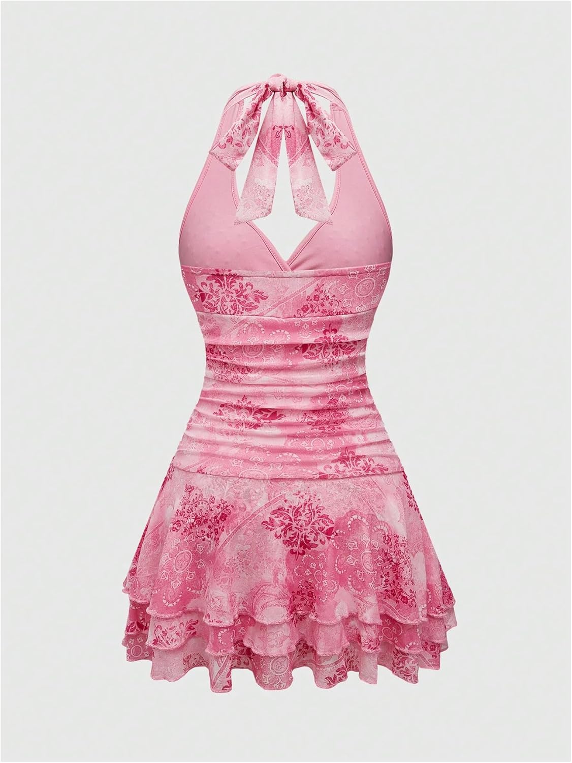 WDIRARA Women's Y2k Leopard Print Halter Dress Tie Backless Layered Ruffle Hem Mini Dresses Cheetah Mesh Dress - Image 2