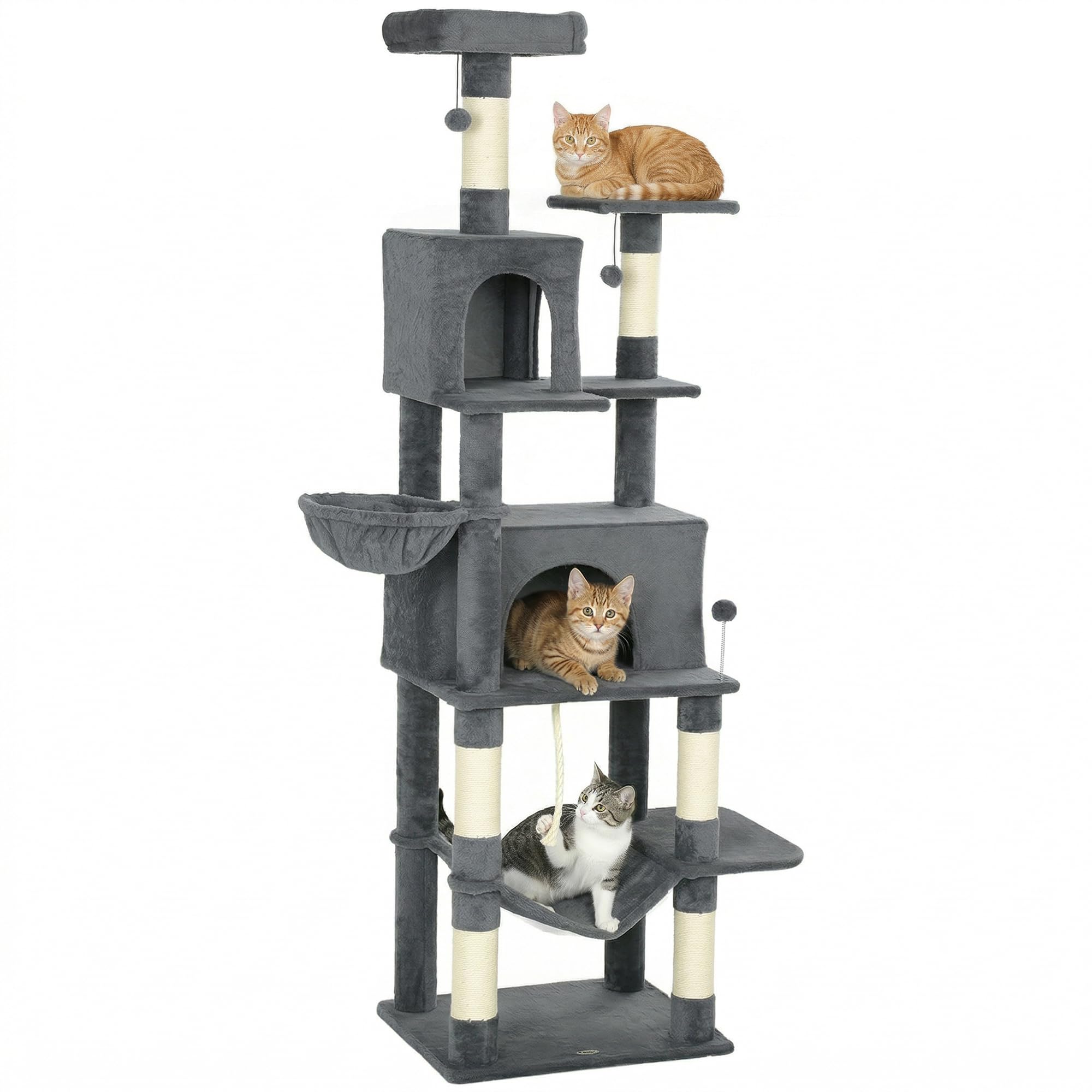 PawHut Tiragraffi per Gatti Alto 202 cm con 6 Pali Graffiatoi Grigio Scuro | Albero per Gatti, 2 Grotte, 2 Cucce, Amaca, 3 Pompon, Piattaforma e Corda, Torre per Gattini, Peluche, Per Gatti Adulti