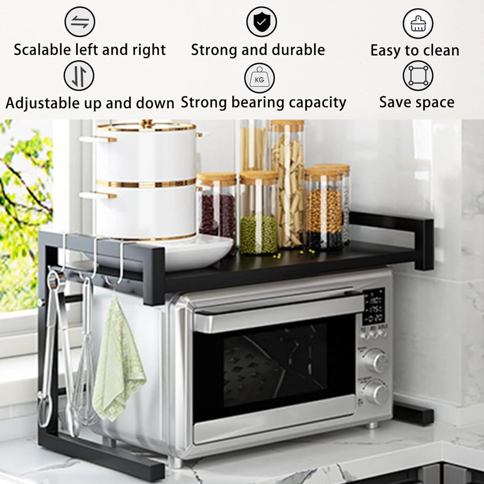 Scaffale espandibile per forno a microonde a 2 ripiani, regolabile in altezza e lunghezza, organizer da cucina, nero (L15. 7-23. 6 x W14. 7 x H 18. 1)
