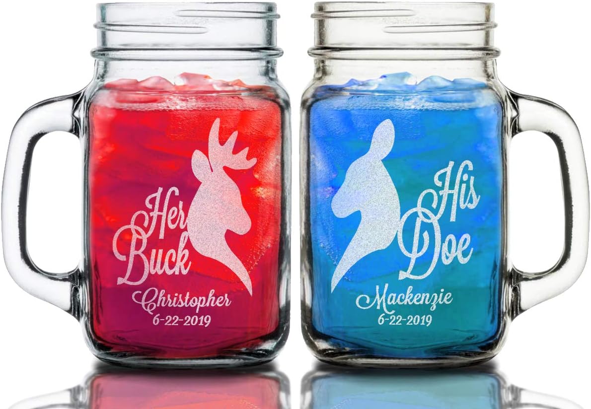 Her Buck His Doe Set of 2 Personalized Mason Jars Rustic Custom Etched for Wedding, Engagement Anniversary Bridal Party Gift of Favor for Newlyweds Couple Gift Idea Barn Wedding Hunting Theme