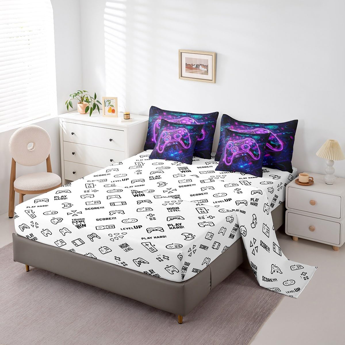 Feelyou Kids Gamer 7 Pieces Bedding Set Twin Size, Galaxy Gaming Bed in A Bag Boys Girls Ombre Modern Game Console Comforter Set with Sheets Gamepad Teens Bed Set Bedroom Decor 7Pcs