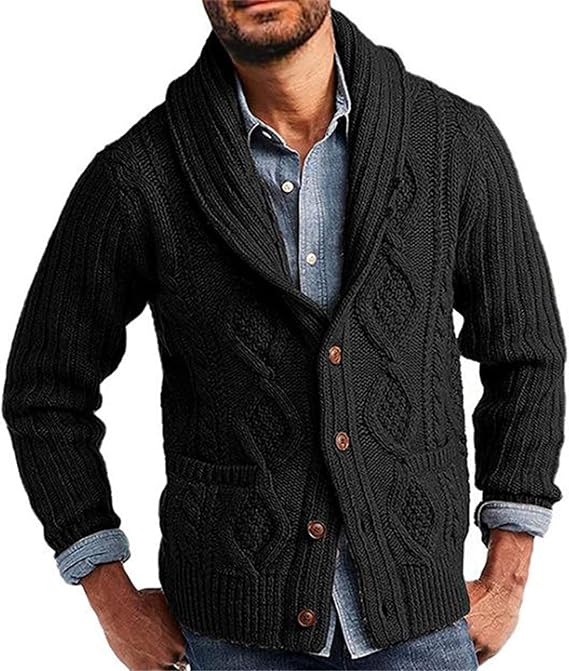 MANYMANY Cardigan Homme Col Châle Boutonné Tricot Torsadé Chaud Et Élégant