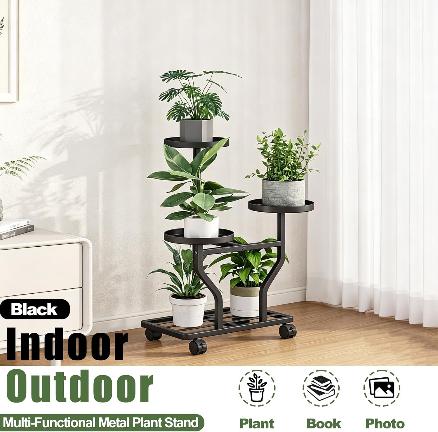 Plant Stand with Wheels, Black 3 Tier Metal Plant Shelf for Indoor Outdoor image 4