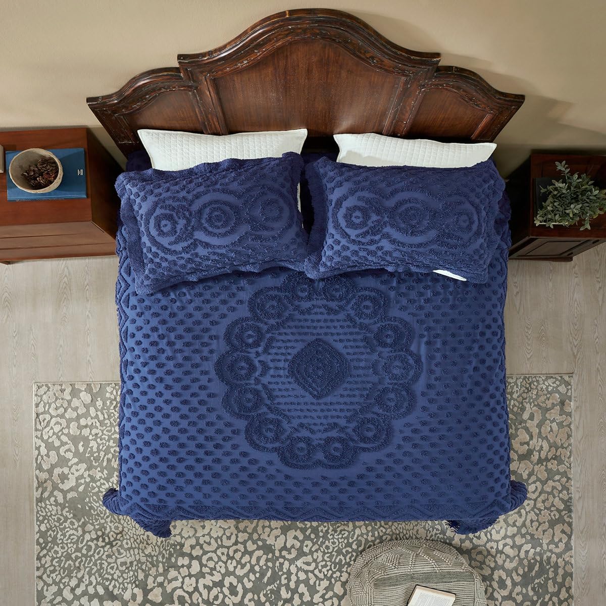 3 Piece Elegant 100% Cotton Oversized Tufted Chenille Bedspread Queen Size Pretty Medallion Design | All Seasons Navy Indigo Blue Color Western Bedding Aesthetic Luxury Look Soft Plush Coverlet Set