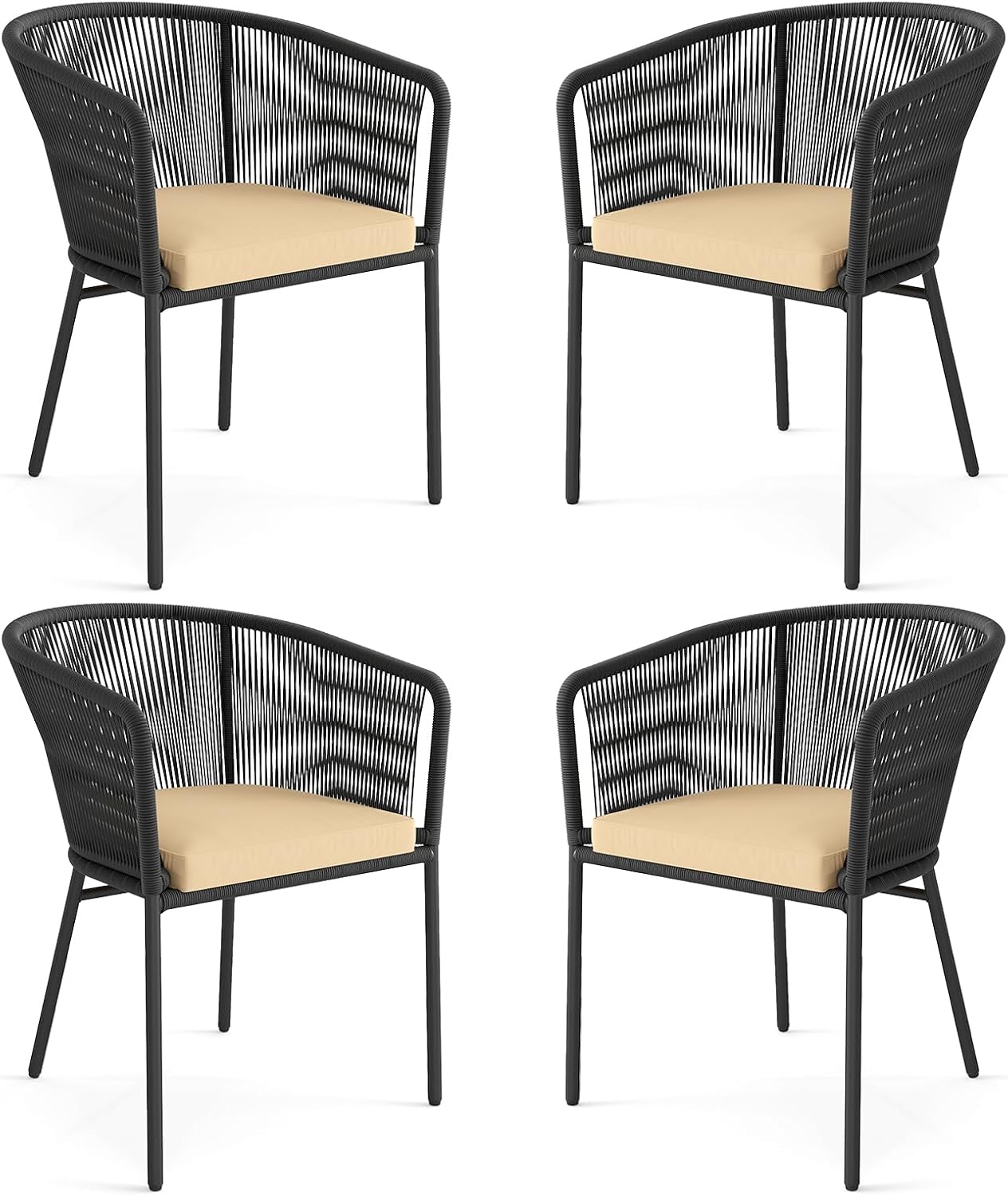 HAPPYGRILL Patio Chairs Set of 4, Upholstered Accent Chairs with Curved Backrest, Cushion, Wide Seat & Armrests, Adjustable Foot Pads, Modern Dining Chair for Patio, Backyard (Black)