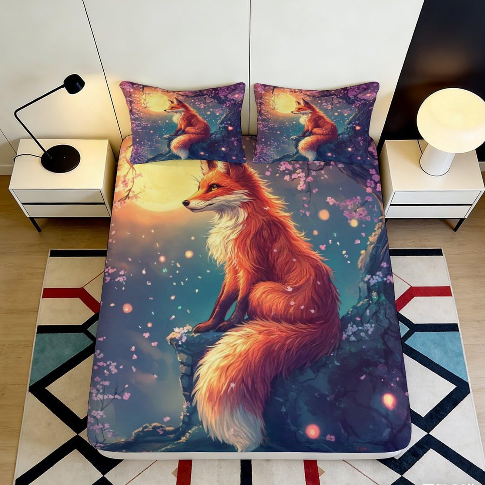 3D Printed Fantasy Fox Fitted Sheet Microfiber Soft Breathable Sunset Forest Mattress Cover Bedroom Dorm Decor 90x200x25cm