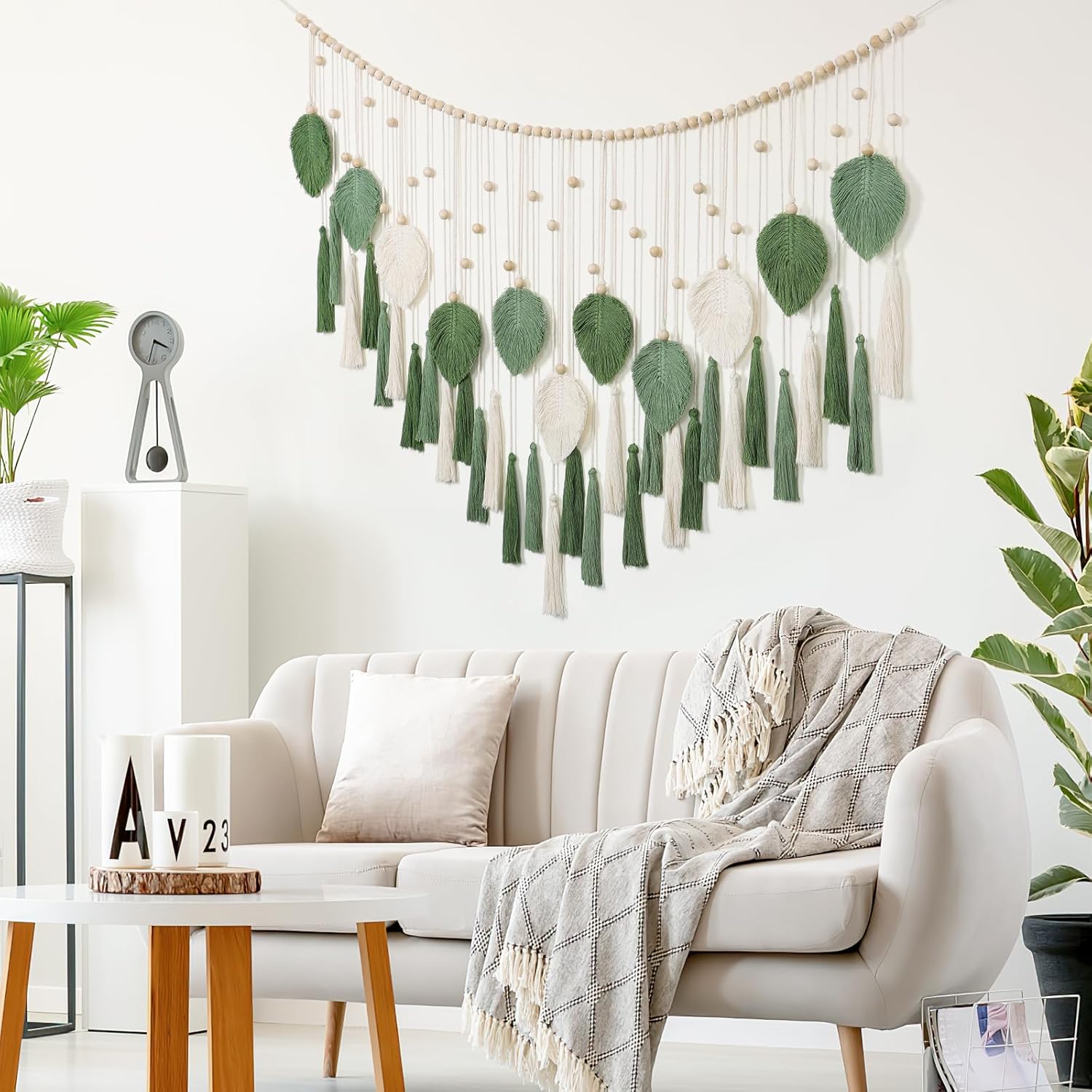 Betylifoy Large Macrame Wall Hanging Boho Handmade Woven Tapestry with Wood Beads Beige Green Chic Leaf Feather Boho Wall Art Decor Macrame Tapestry Wall Decor for Bedroom Living Room Nursery Apartment 51.2"W X 31.5"L