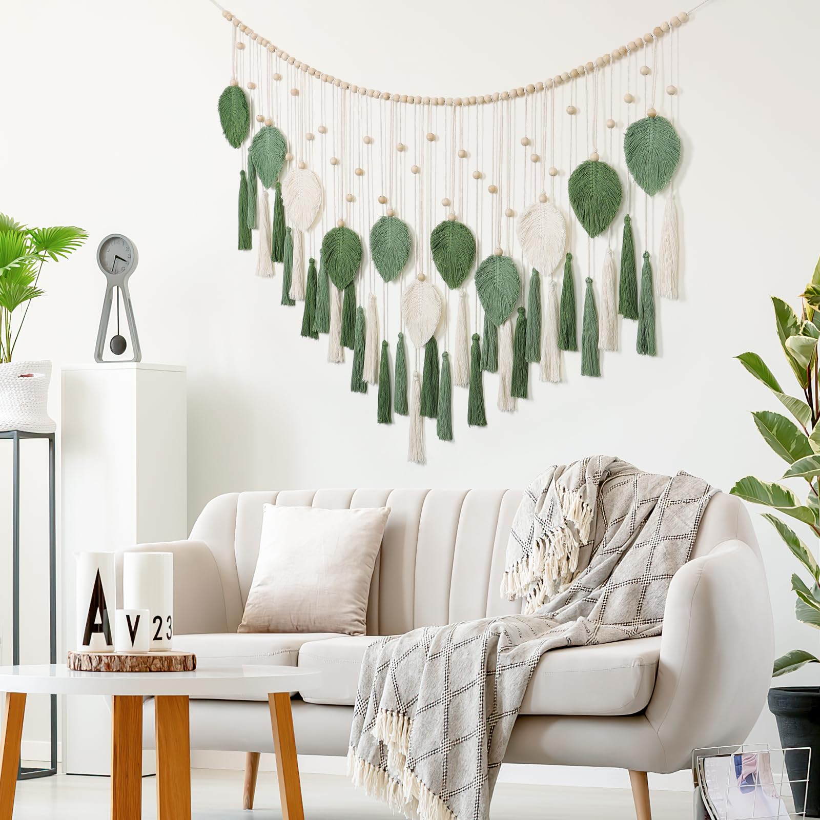 Dremisland Duża makrama Gobelin ścienny, beżowy, zielony, liście, frędzle, gobelin z drewnianymi koralikami, ręcznie robiony dywan, dekoracja ścienna, boho, sypialnia, salon, pokój dziecięcy, 130 x 80