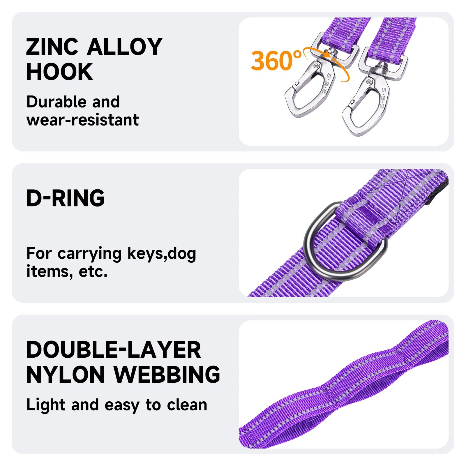 EXCELLENT ELITE SPANKER Laisse double réfléchissante en nylon avec poignée rembourrée pour deux chiens - 1,5 m - Violet