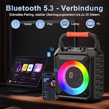 JYX Karaoke Maschine mit 2 kabellosen Mikrofonen Bluetooth 5.3 80W Lautsprecher 65-Zoll-Bass bis 12 Std. LED-Licht USB/TF/AUX tragbares Karaoke Set für Kinder und Erwachsene