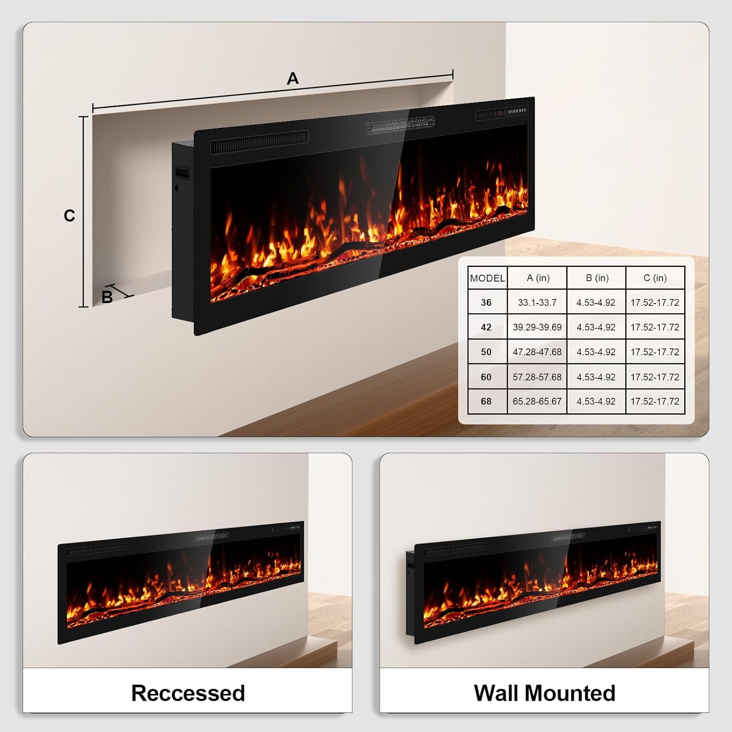 BREEZEHEAT 68 Inch Electric Fireplace Recessed and Wall Mounted, Ultra Slim Linear Fireplace Heater 750/1500W w/Log, 12 Flame Colors, Lower Noise, 8H Timer