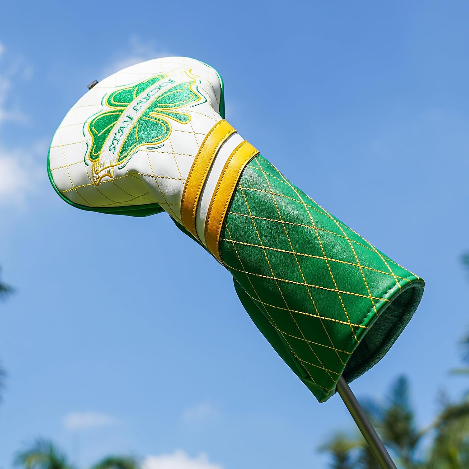 Golf Club Cover Clover Driver Headcover Lucky Golf Head Cover Premium Leather Golf Driver Headcover, Green Clover Design Stay Lucky Club Cover