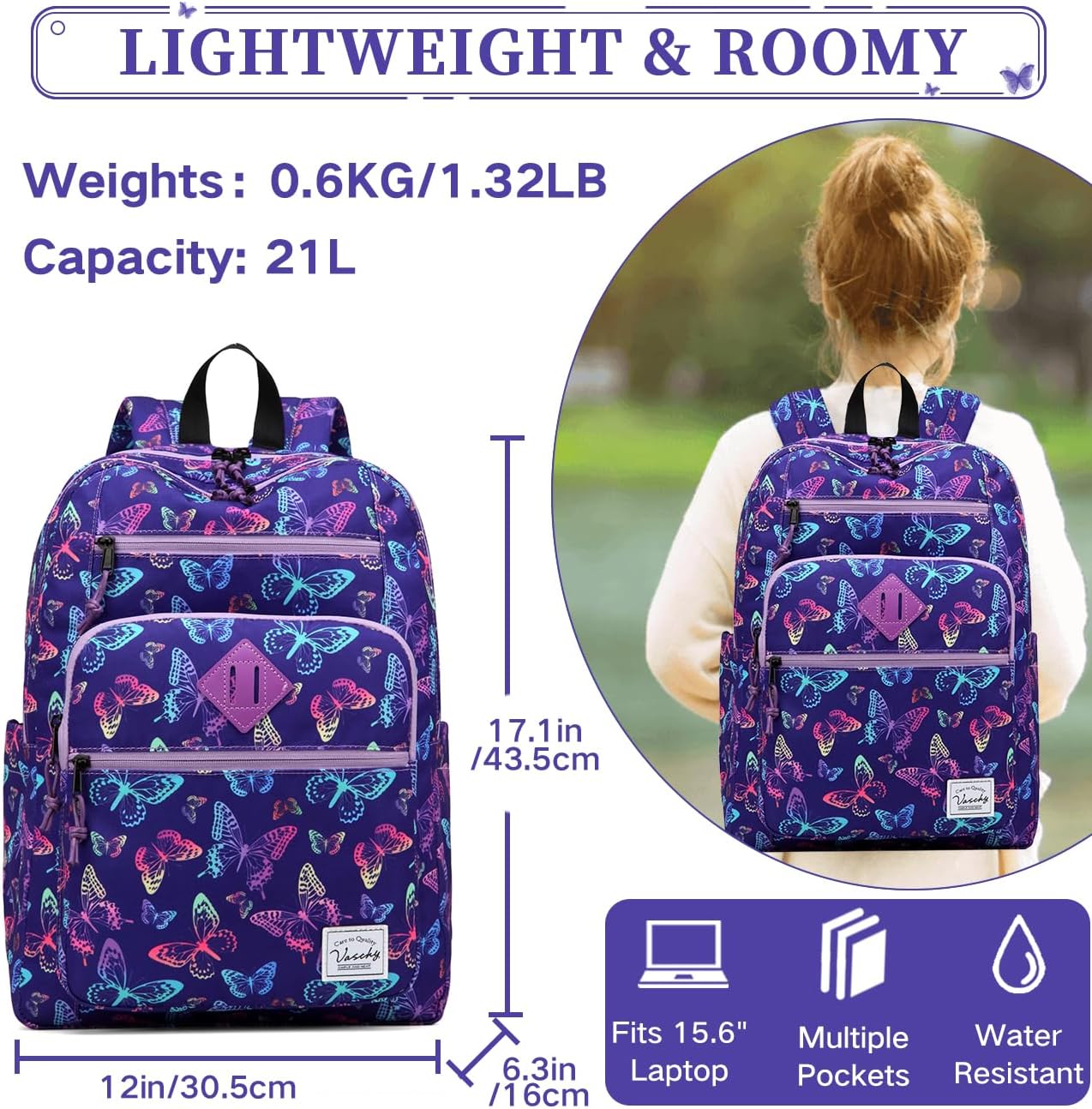 VASCHY School Backpack for Teen Girls, Bookbag Schoolbag Casual Daypack for High School/College/Women/Travel/Work Butterfly - Image 2