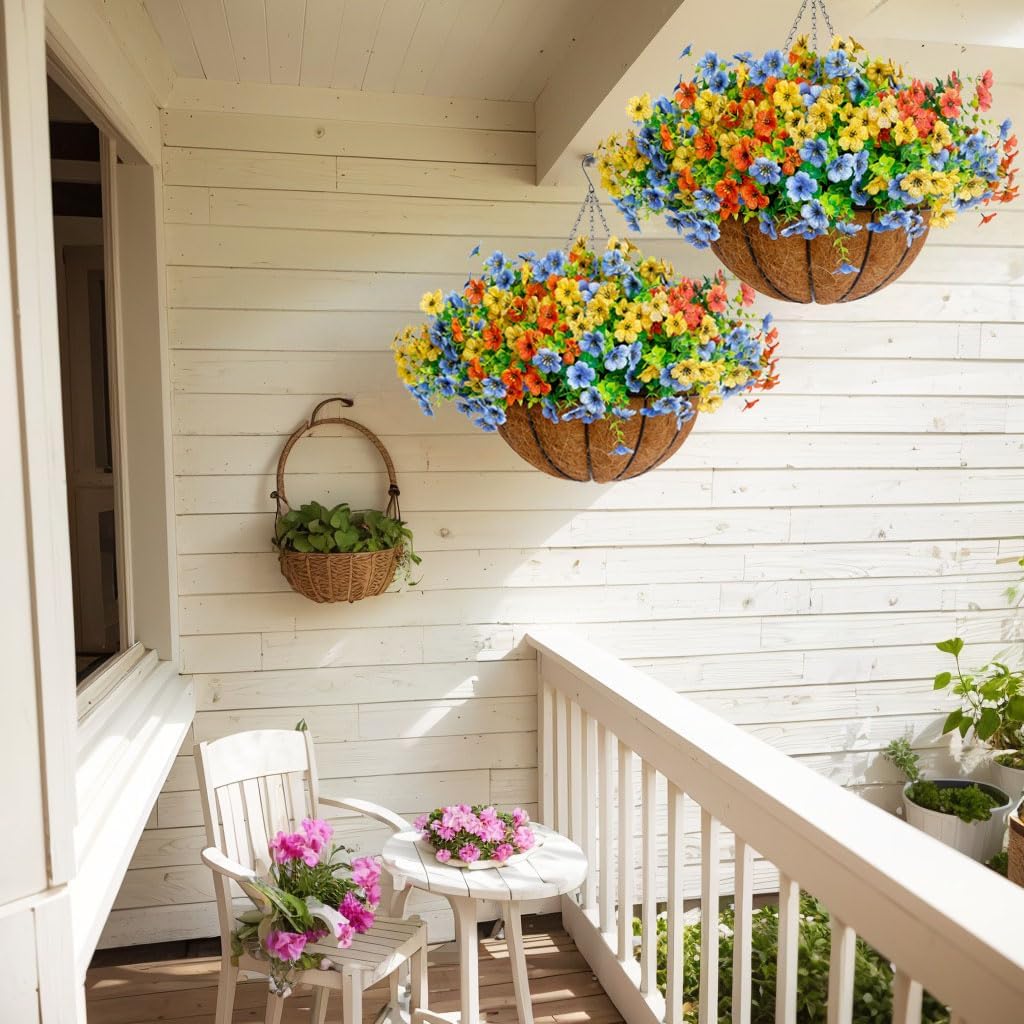 14 inch 2 Pack Artificial Faux Hanging Plants Baskets with 36 Pcs Flowers for Outdoor Outside Decoration,Fake Silk Daisy UV Sun Resistant for Porch Patio Balcony Yard Decor (Blue Yellow Orange)