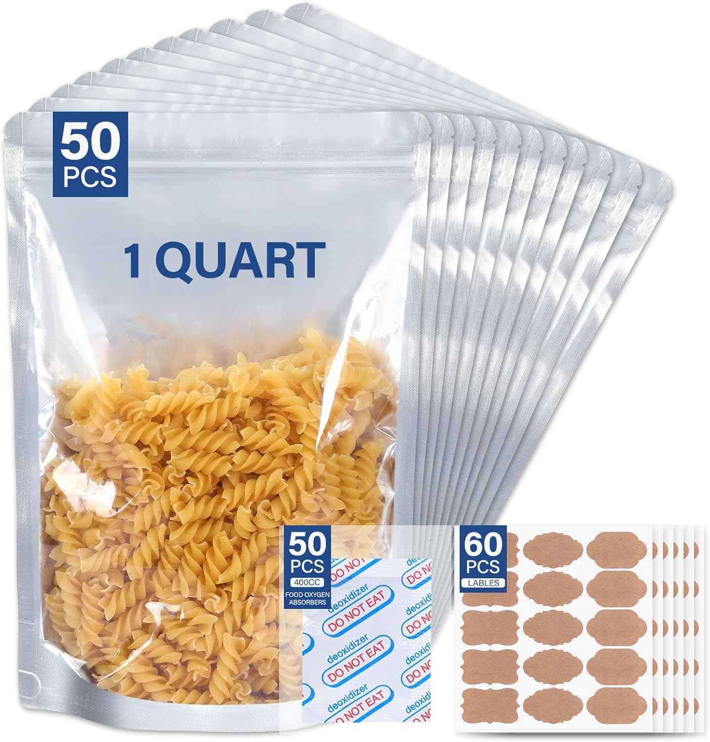1 Gallon PackFreshUSA - 50 Sacchetti Mylar Da 1 Quart 50 Assorbitori Di Ossigeno 300cc Kit Stoccaggio Emergenza - Foto 2