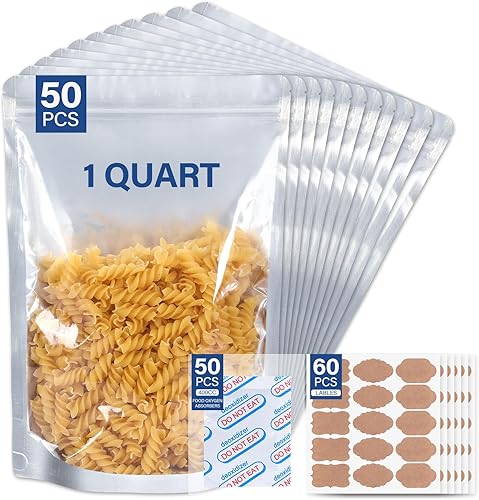 50 bolsas de Mylar para almacenamiento de alimentos, bolsas reutilizables de Mylar con absorbentes de oxígeno de 400 cc de grosor de 9.44 mil,