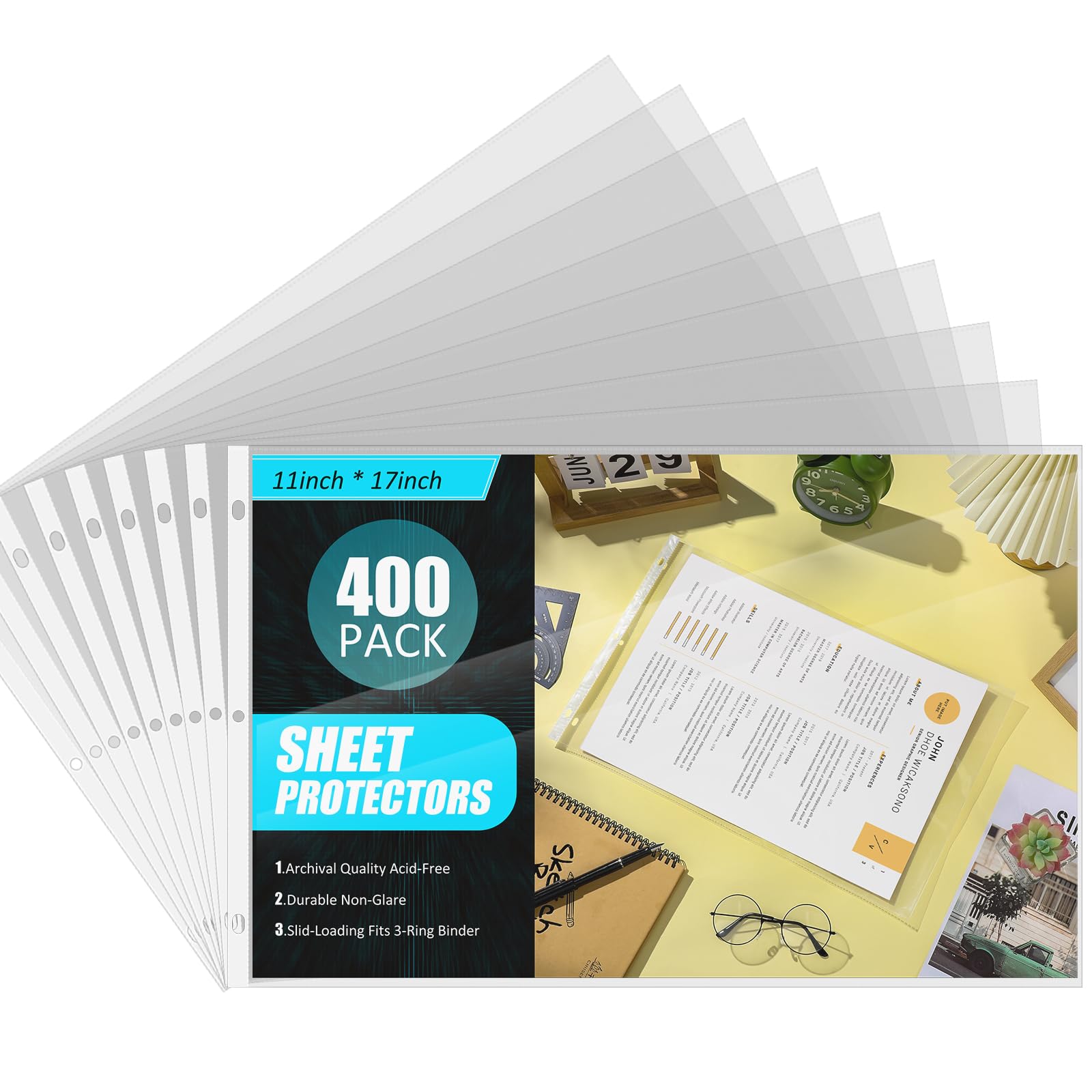 Glenmal 400 Pack Sheet Protectors, 11 x 17 3 Hole Page Protectors