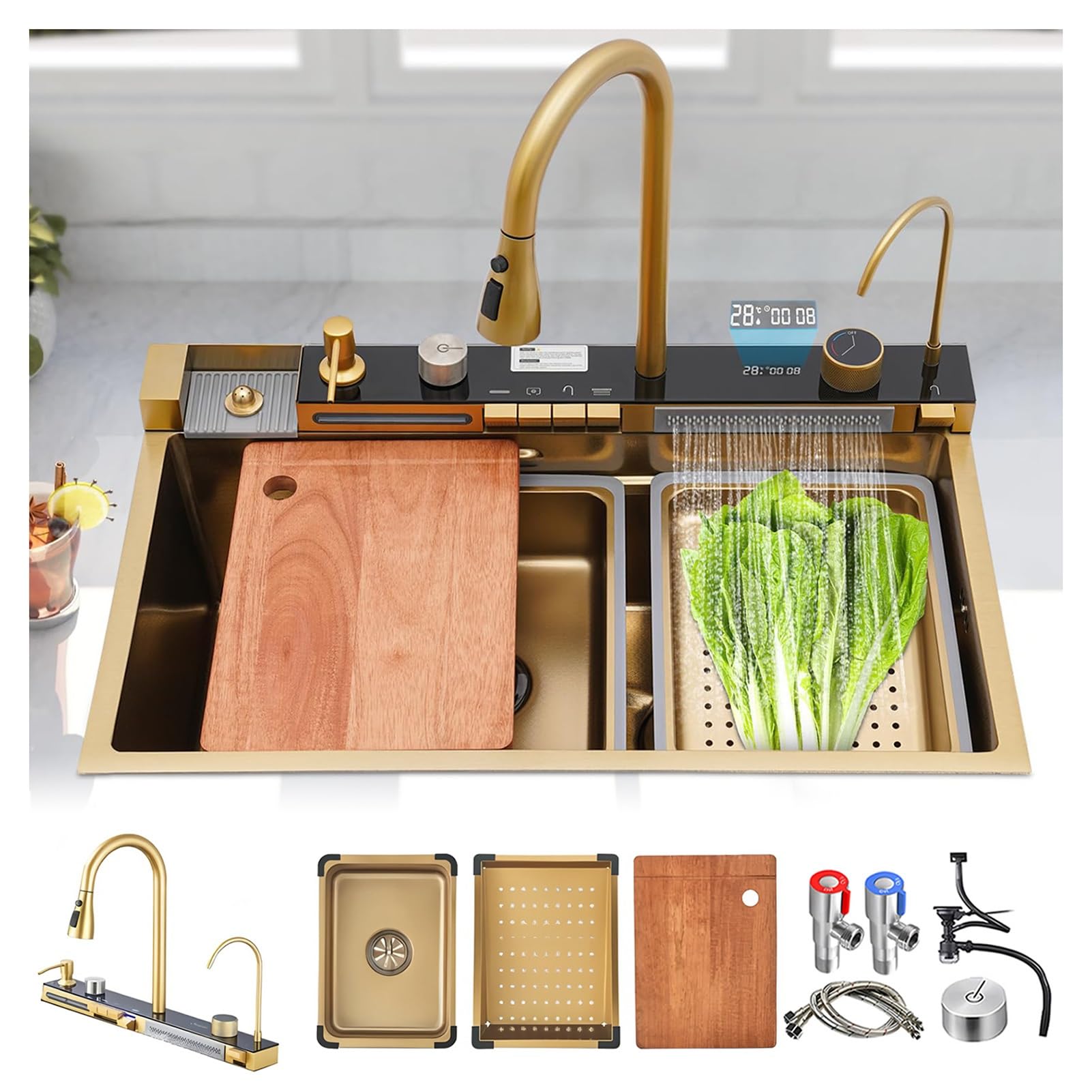 HYSOPSPX Kitchen Sink Stainless Steel Waterfall Multifunctional Digital Display Single Bowl Workstation with Integrated Pull-Out Faucet(Gold,75x46x22cm)