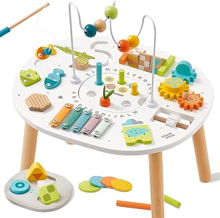 GIANTBEAN 11-in-1 Wooden Montessori Activity Table for Toddlers 1-3 Years - Bead Maze, Shape Sorter, Fishing Game, Sensory Toy