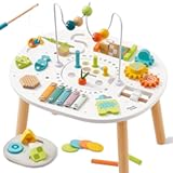 Wooden Activity Table for 1 Year Old&comma; 11-in-1 Montessori Learning Table with Bead Maze&comma; Shape Sorter&comma; Fishing Game & More – Sensory Development Toy for Toddlers&comma; Ideal 1st Birthday Gift