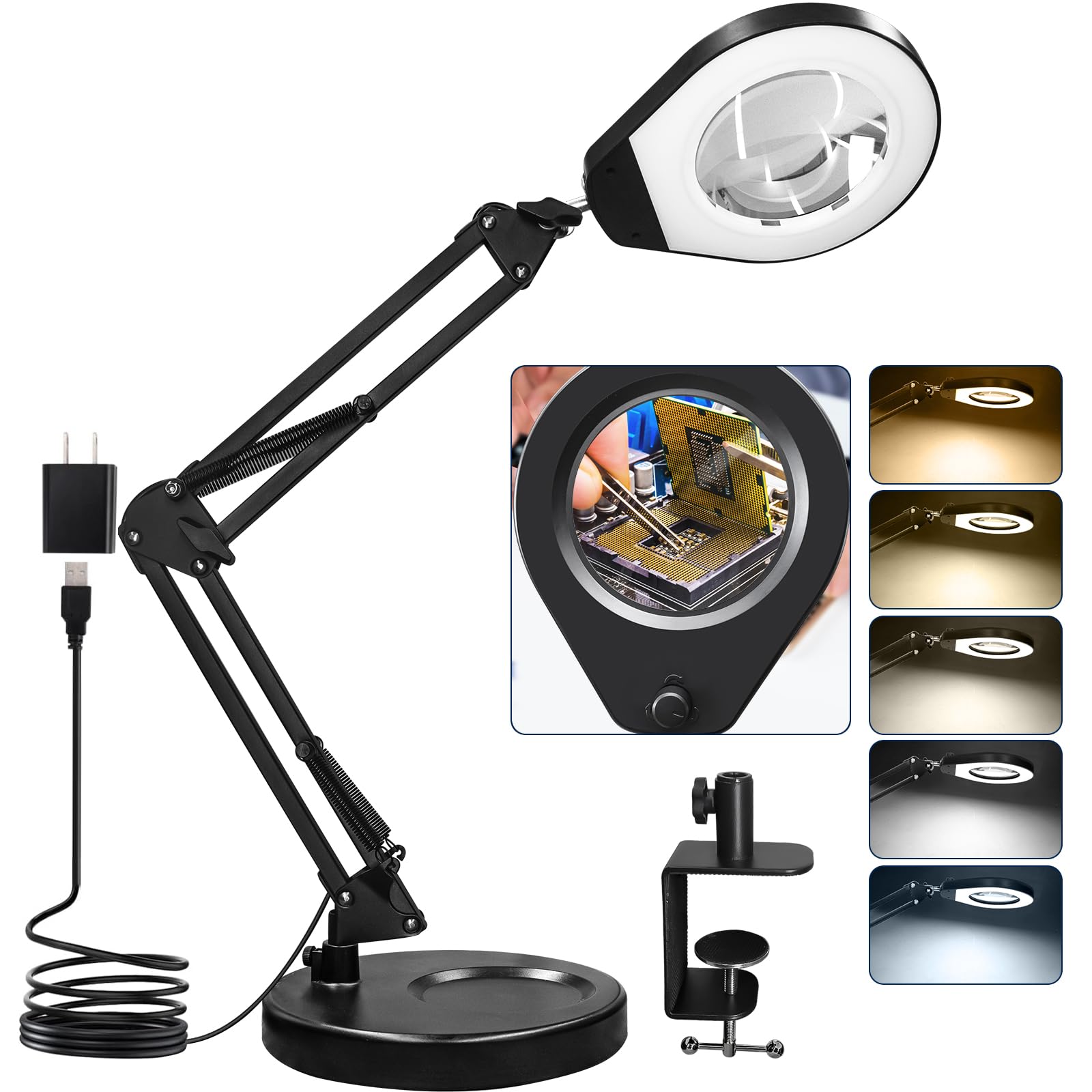 Beyamz - Lámpara de Aumento LED con Soporte y Abrazadera, Lente 5X de 105 mm, Regulable, 790 LM, Bases Dobles, Manos Libres para Trabajos de precisión, Aficionados y Reparaciones