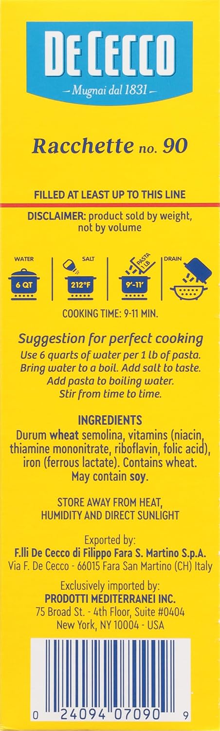 De Cecco Pasta, Racchette No.90, 1 Pound (Pack of 12) - Made in Italy, High in Protein & Irom, Bronze die