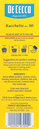 De Cecco Pasta, Racchette No.90, 1 Pound (Pack of 12) - Made in Italy, High in Protein & Irom, Bronze die