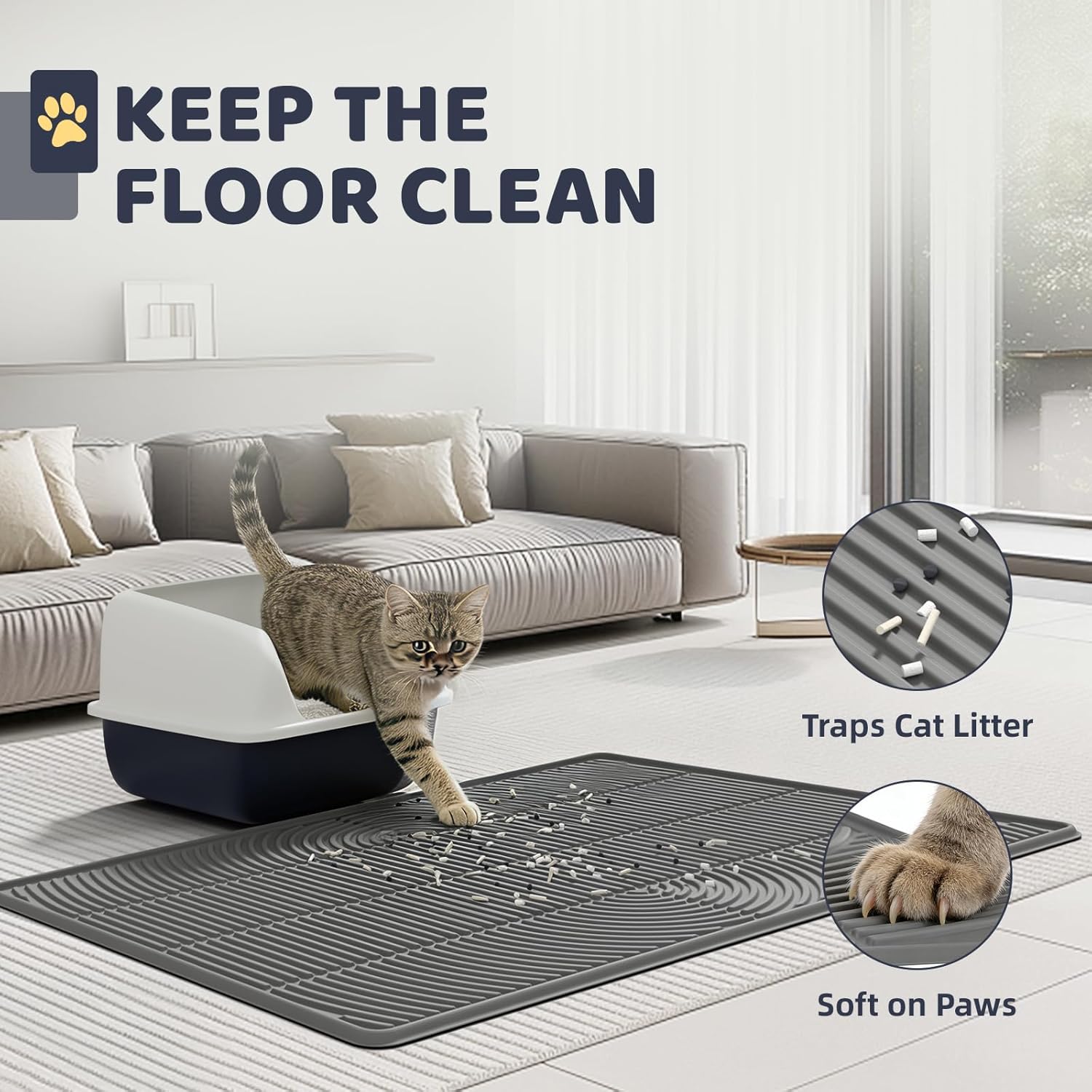 Cat Litter Mat 40"x28" - Soft Silicone & Leak-Proof Large Litter Mat, Non-Slip Cat Litter Trapping Mat for Multiple Cats, Easy to Clean & Durable for All Types (Gray)