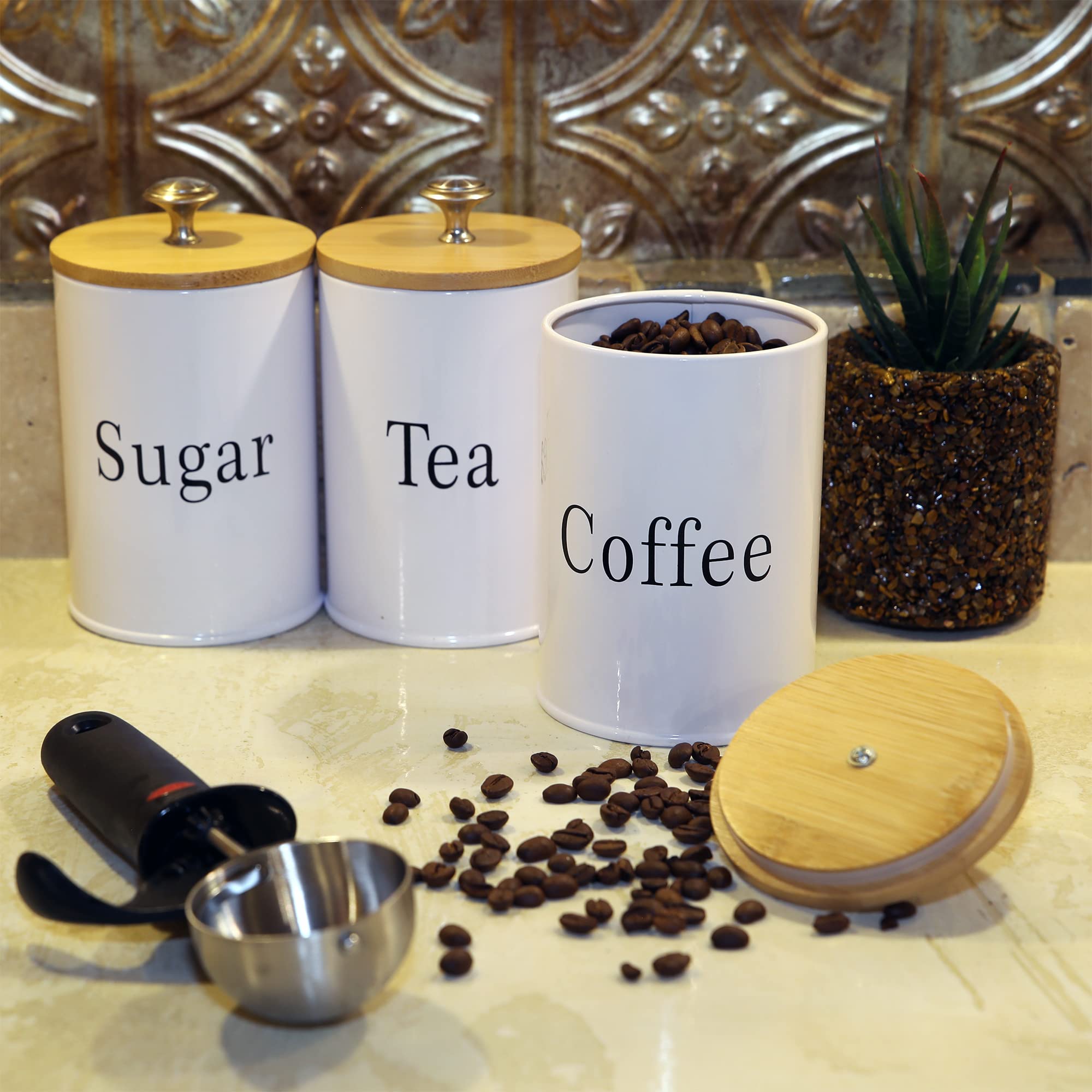 Buy Tea Coffee Sugar Canister Set 3Pcs White Canister Set Farmhouse