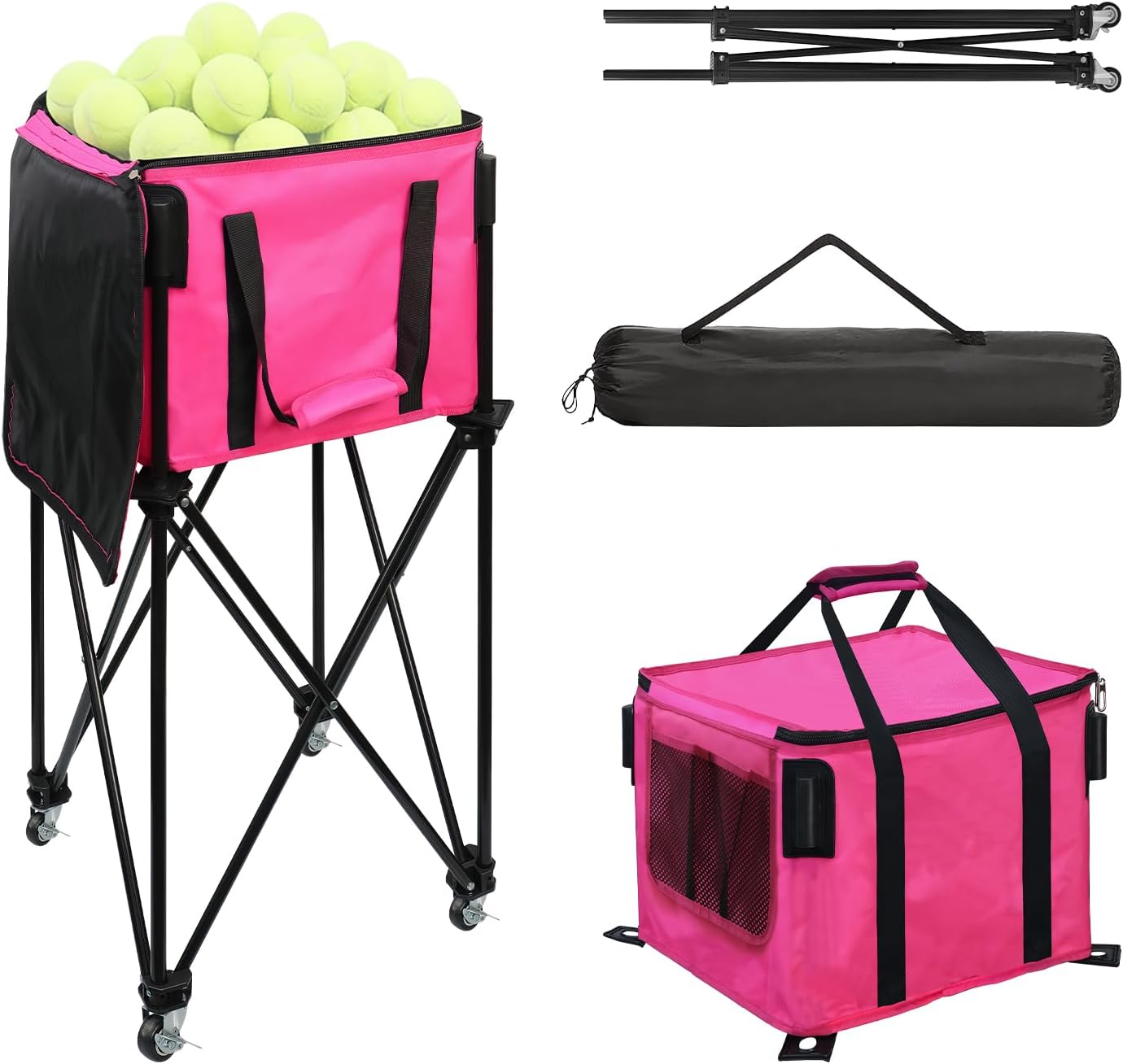 BESTHLS Foldable Tennis Ball Hopper, Pickleball Baseball Hopper Basket | Tennis Ball Basket, Folding Tennis Ball Cart with Detachable Storage Bag, with Wheels, for 120 Balls(Balls Not Included)