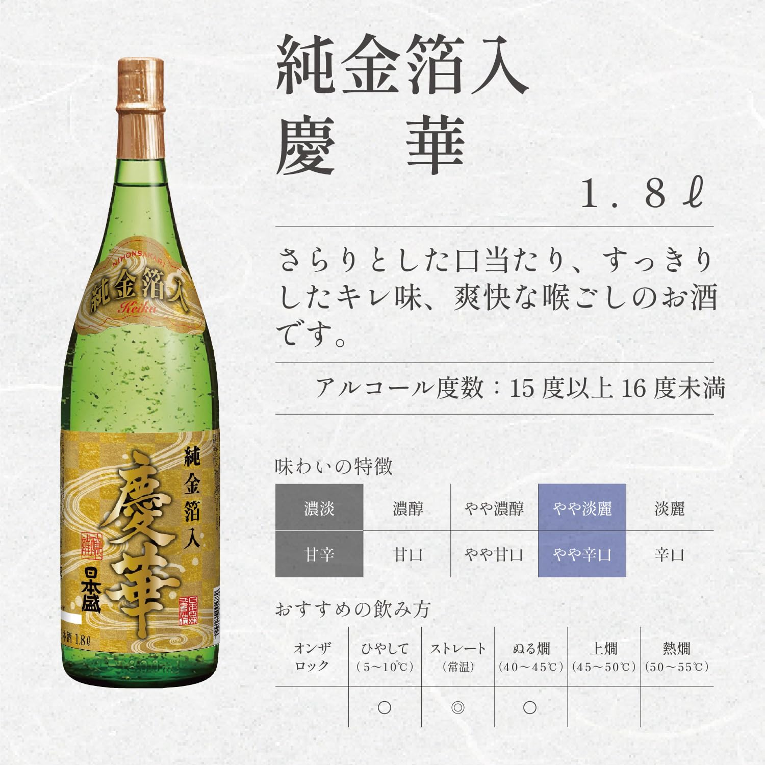 Amazon.co.jp: 日本盛 慶華 純金箔入1.8L [ 日本酒 16度 本醸造酒 1.8L