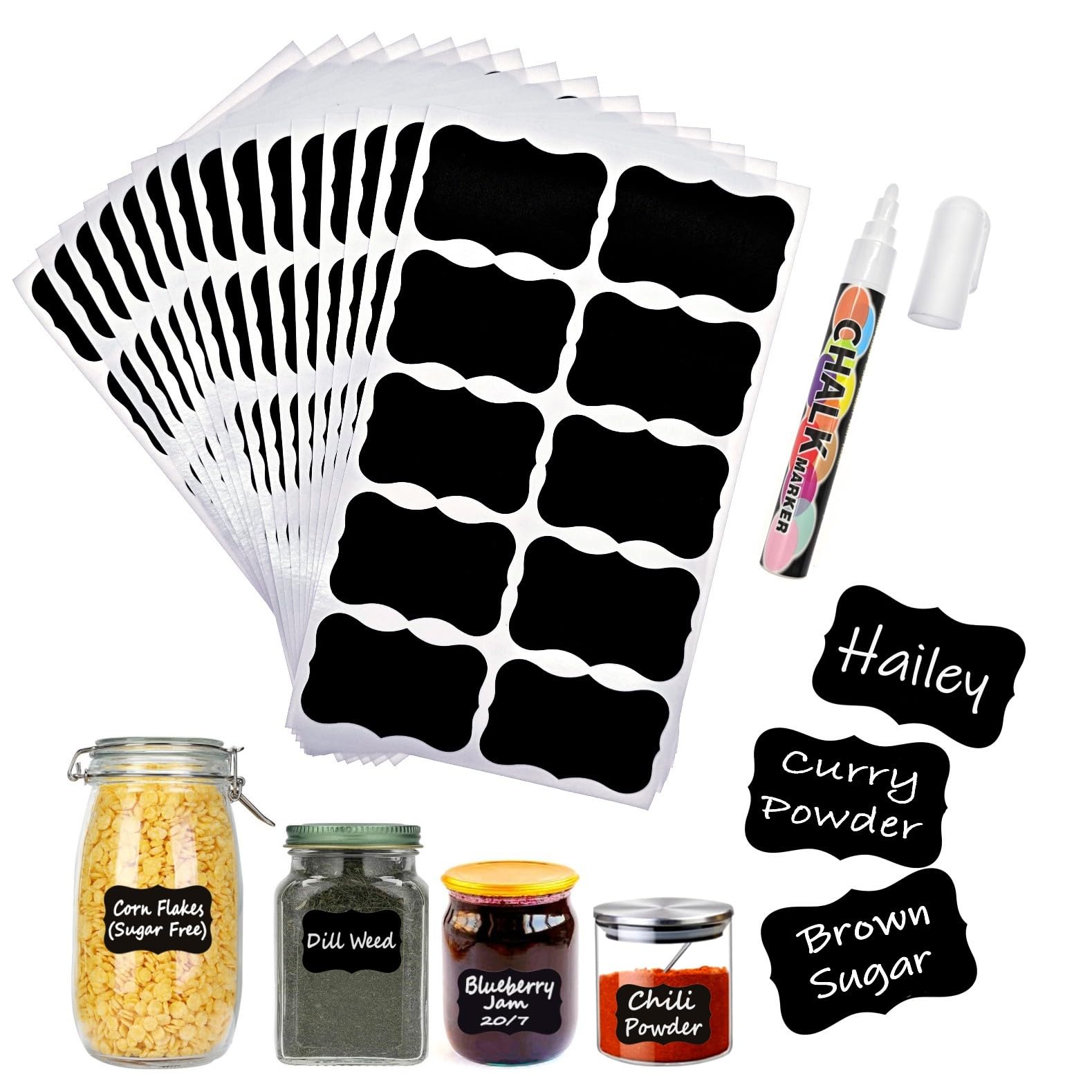 JZK 150Pcs 6x4cm Black Plastic Sticky Labels for Jars, Waterproof Reusable Pantry Labels for Spice/herb/Coffee/Tea, self-Adhesive Stickers for Storage Boxes/Bottles, with White Chalk Pen