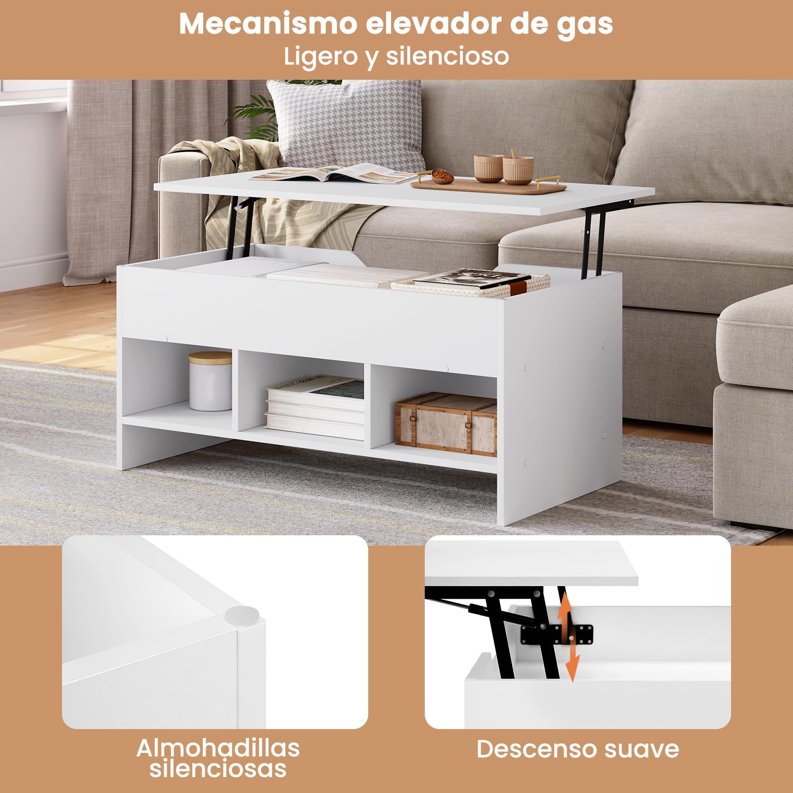 WOLTU Mesa de Centro Elevable y Extensible con Superficie Elevable | 3 Estantes Abiertos,Fácil de montar，Capacidad de carga máxima 30 kg,Mesita Pequela para Salon,Blanco,95x(40-55.5)x50 cm