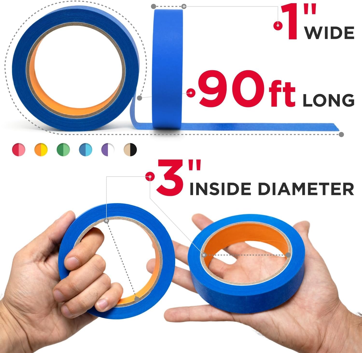 12 Rolls Colored Masking Tape - Painter’s Tape, 1 inch x 1080 ft - Easy-Removable, No Residue - Colorful Rolls for Kids Craft Supplies, Arts, DIY, Labeling, Decorations