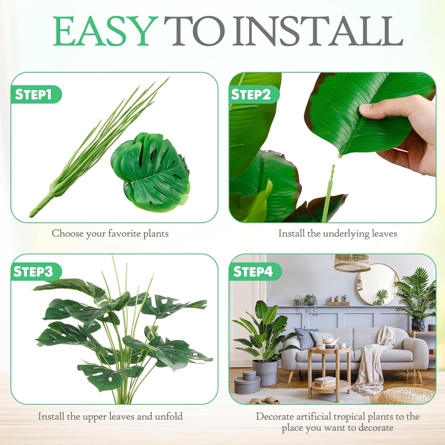 Yunlly 4 Pcs Fake Plants Tall Artificial Faux Plants Indoor for Home Decor 32 Inch Tropical Artificial Palm Tree, Banana Leaves Tree, Monstera, Taro Leaves for Office Outdoor(Classic)