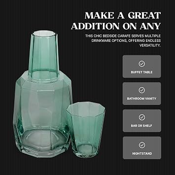 Bruno Magli 37.2 oz Geo Glass Carafe Set 2-Piece Bedside Water Pitcher with Tumbler Lid for Nightstand, Office & Guest Room, Modern Ribbed Glass Drinkware, Stylish & Gift Ready (Green)